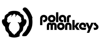 Black and white logo with a stylized monkey face on the left and the words polar monkeys in bold, modern lowercase font on the right.