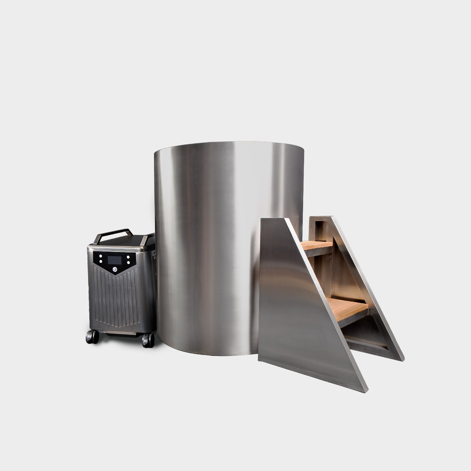 The Cyber Barrel Cold Plunge is a vertical tub made from marine-grade stainless steel, featuring wooden steps and a compact wheeled control unit, displayed against a plain white background.