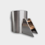 The Cyber Barrel Commercial Cold Plunge is a sleek, cylindrical stainless steel unit with a matching triangular staircase with wooden steps, showcased against a plain white background.