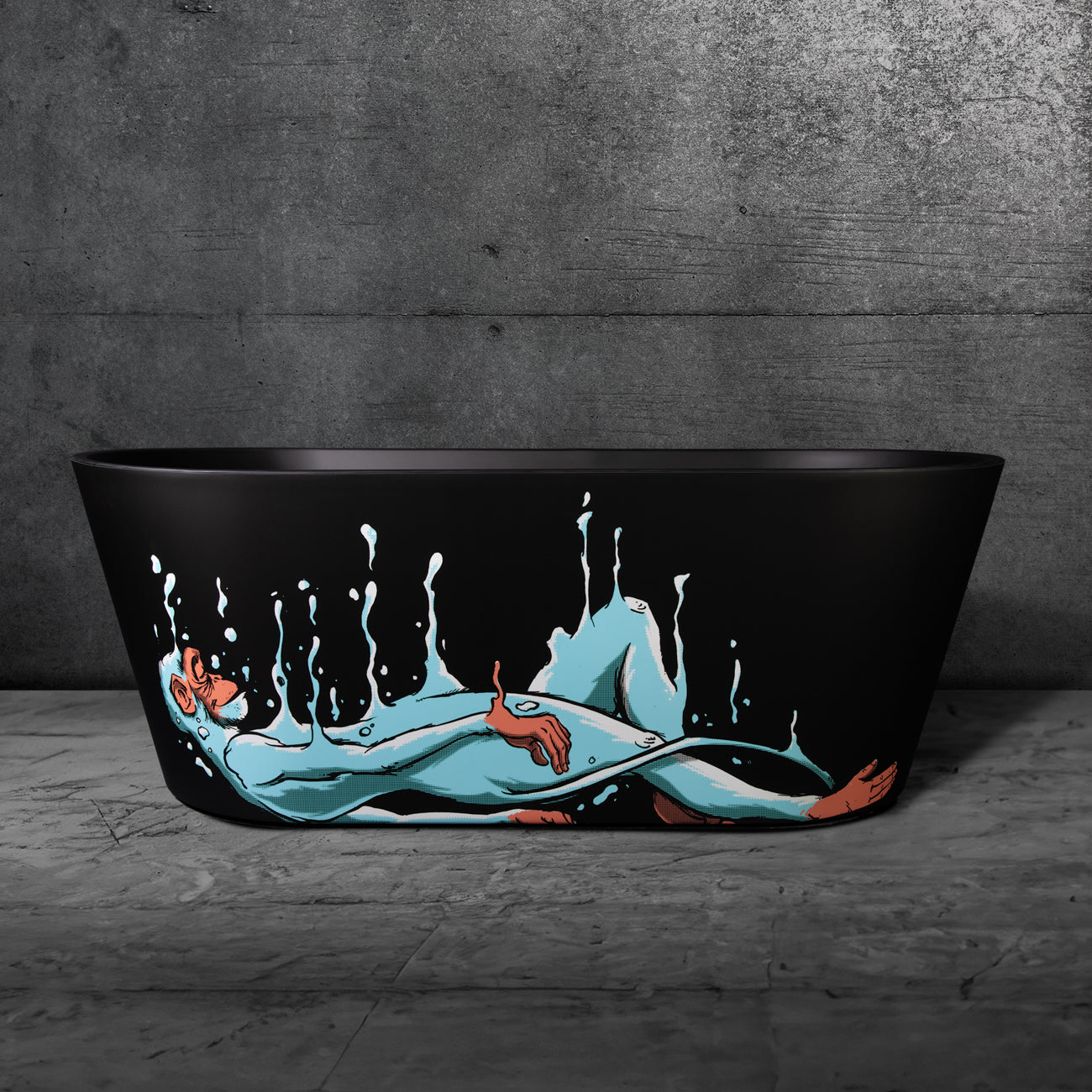 The Brainpod 2.0 Commercial, a black ergonomic bathtub, rests against a gray textured wall adorned with art of a relaxed bather and water splashes—ideal for an inspiring cold plunge experience.