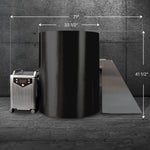 The Cyber Barrel Cold Plunge is a large black vertical tub with a metallic machine on wheels to the left and a metal ramp to the right, set against a concrete wall. White dotted lines mark measurements: 71, 33.5, and 41.5.