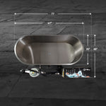 The Cyber Plunge Commercial Cold Plunge, made of stainless steel with an attached heating unit, sits on a concrete floor. White lines show its size: 77 long, 30 wide, and 48 high including the heater—perfect for cold plunge sessions.