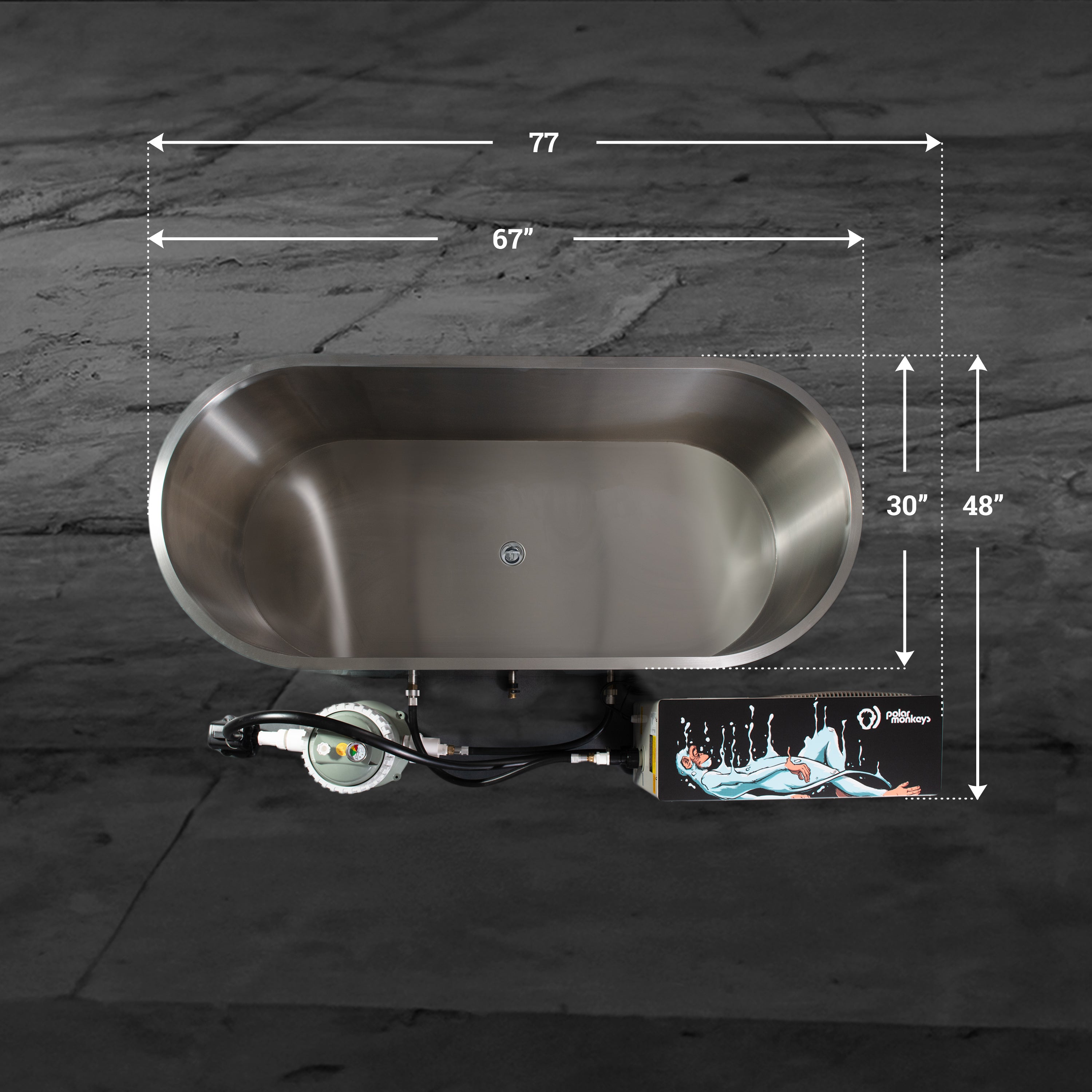 The Cyber Plunge Commercial Cold Plunge, made of stainless steel with an attached heating unit, sits on a concrete floor. White lines show its size: 77 long, 30 wide, and 48 high including the heater—perfect for cold plunge sessions.