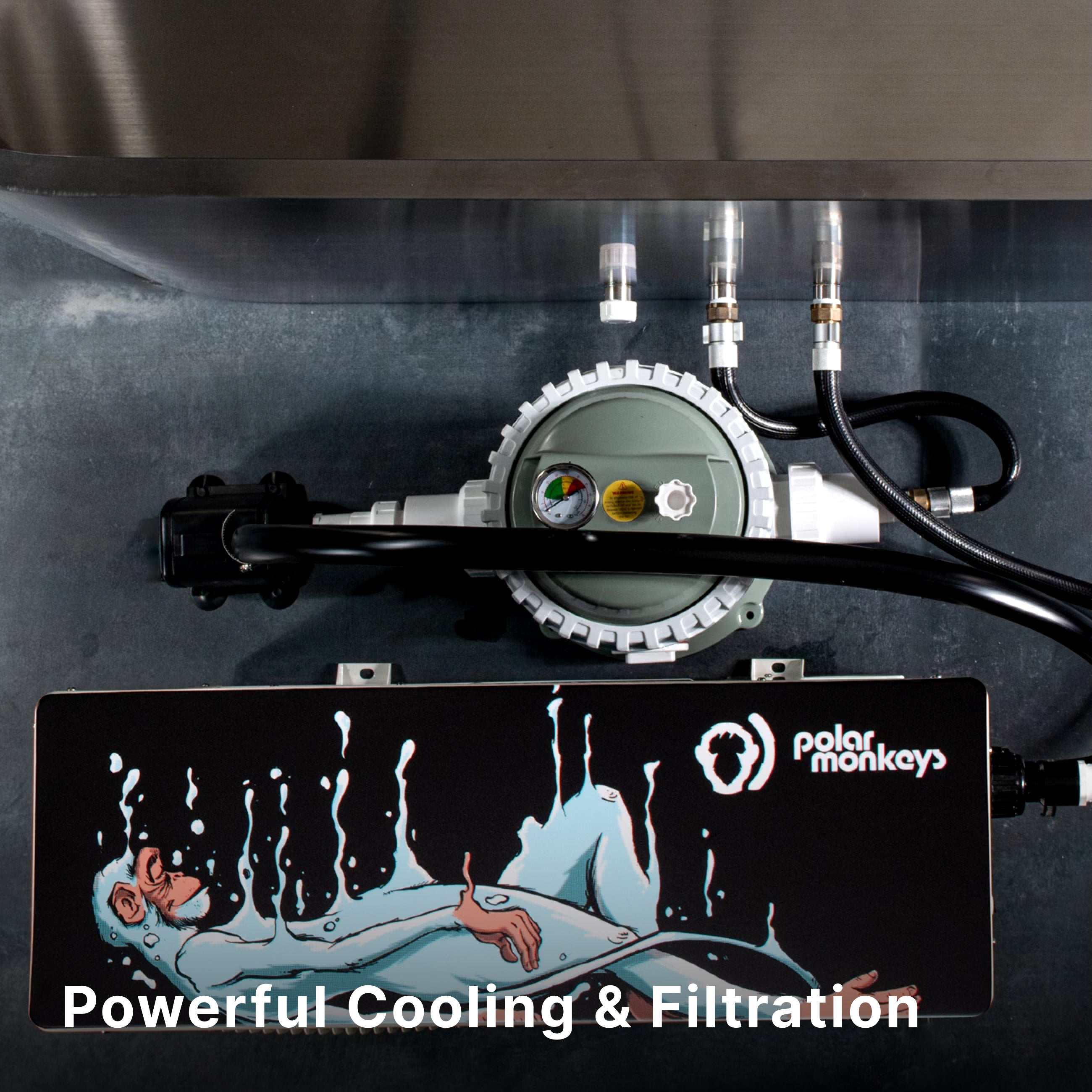 A Polar Monkeys cooling and filtration unit is shown from above, featuring gauges and connected hoses. The unit displays artwork of a person submerged in water, with the text Powerful Cooling & Filtration at the bottom.