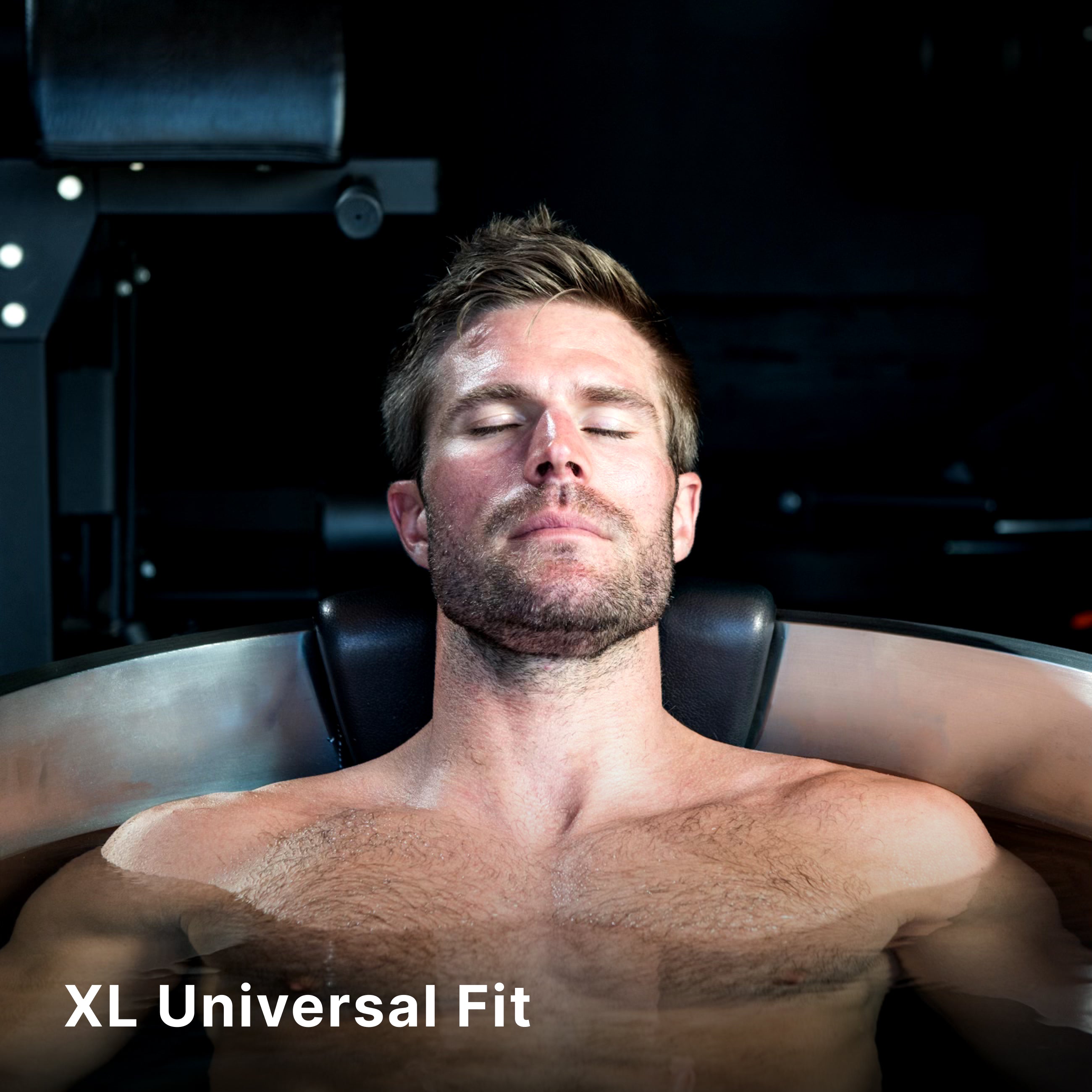 A man relaxes with eyes closed while sitting in a tub, seemingly using an ice bath. The scene is indoors, with gym equipment in the background. Text reads: XL Universal Fit.