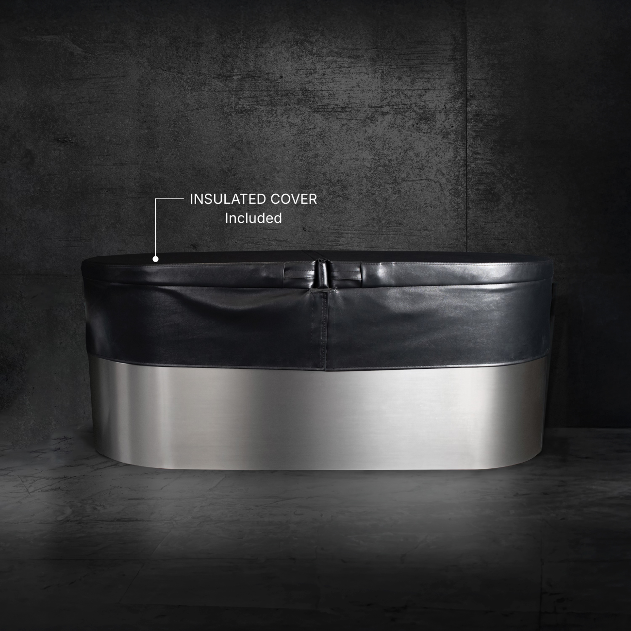 The Cyber Plunge Commercial Cold Plunge, shown against a dark textured wall, features commercial-grade filtration and a fitted insulated black cover. A label points to the cover, stating: INSULATED COVER Included.