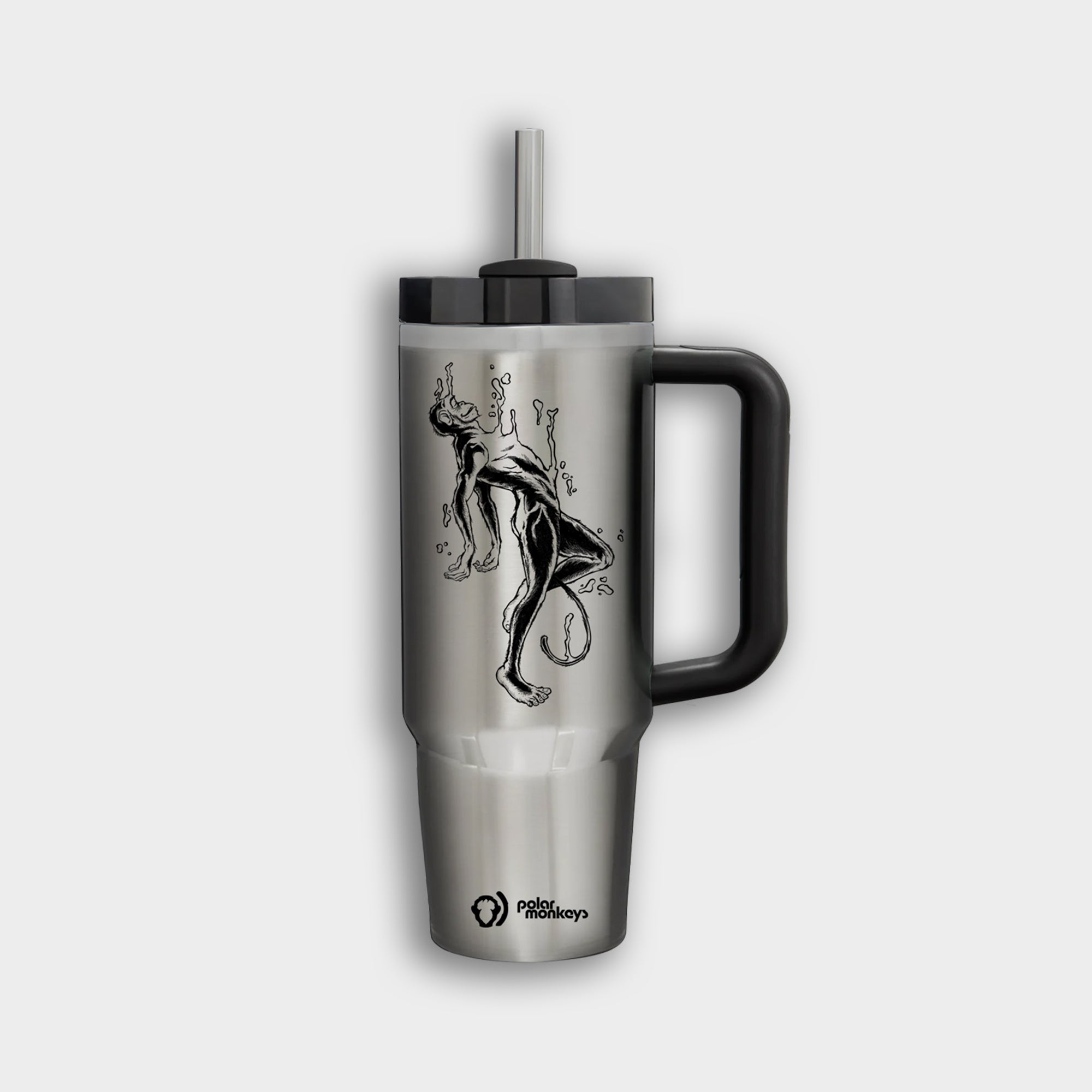 The Polar Monkeys Tumbler is a silver stainless steel tumbler with a black handle and straw, featuring an abstract female figure with plant elements and a small Plastics Pollution Coalition logo near the base.