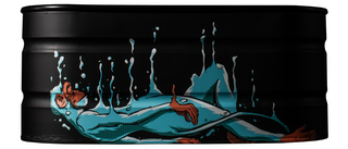 A painted black barrel features an illustration of a person in a blue suit reclining, eyes closed, with white liquid dripping down over their body.