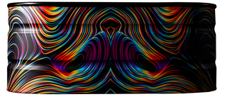 A black barrel features a vibrant, swirling pattern of multicolored lines forming symmetrical, abstract shapes in blue, yellow, red, and orange tones across its surface.