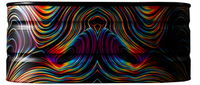 A black barrel decorated with vibrant, swirling, multicolored lines creating a symmetrical, psychedelic pattern across its surface.