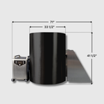 The Cyber Barrel Cold Plunge is a large black cylindrical unit made of marine-grade stainless steel, with a side chute, silver control unit on wheels, and measures 71" W x 33.5" D x 41.5" H.