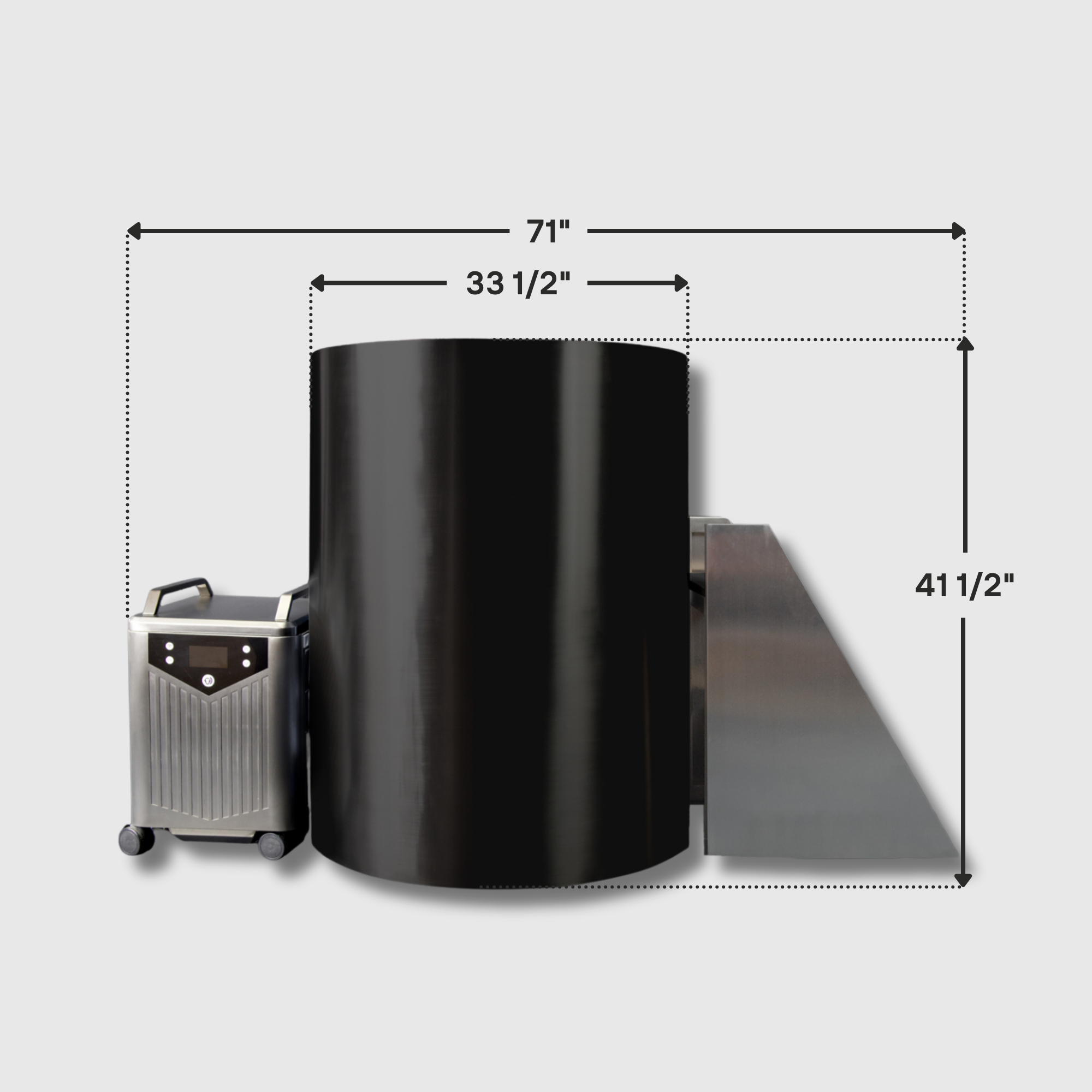 The Cyber Barrel Cold Plunge is a large black cylindrical unit made of marine-grade stainless steel, with a side chute, silver control unit on wheels, and measures 71" W x 33.5" D x 41.5" H.