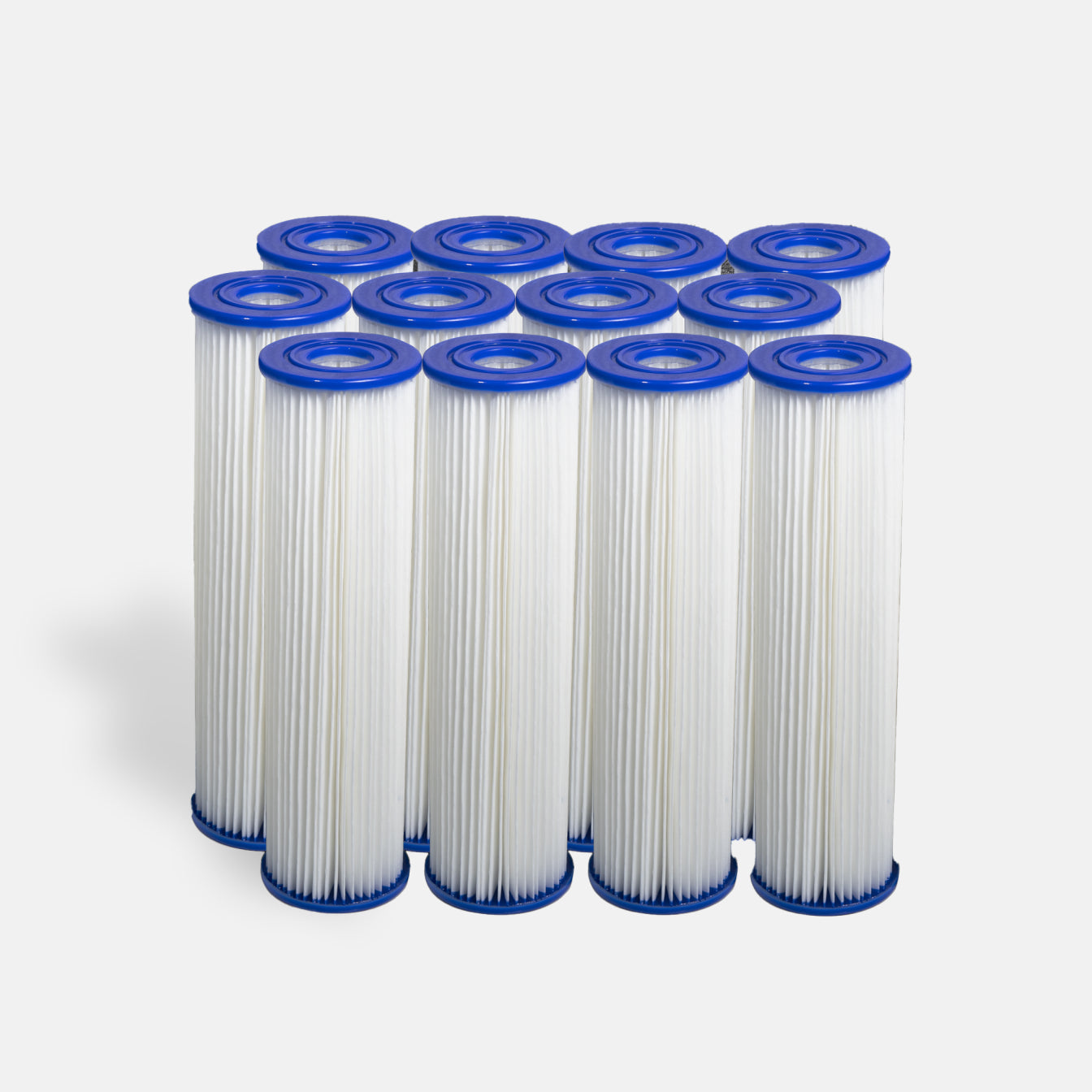 A set of twelve Filter Replacement for Residential Pro Systems cartridges, featuring blue end caps and white pleated surfaces, are grouped on a light gray background—designed for optimal cold plunge system performance.