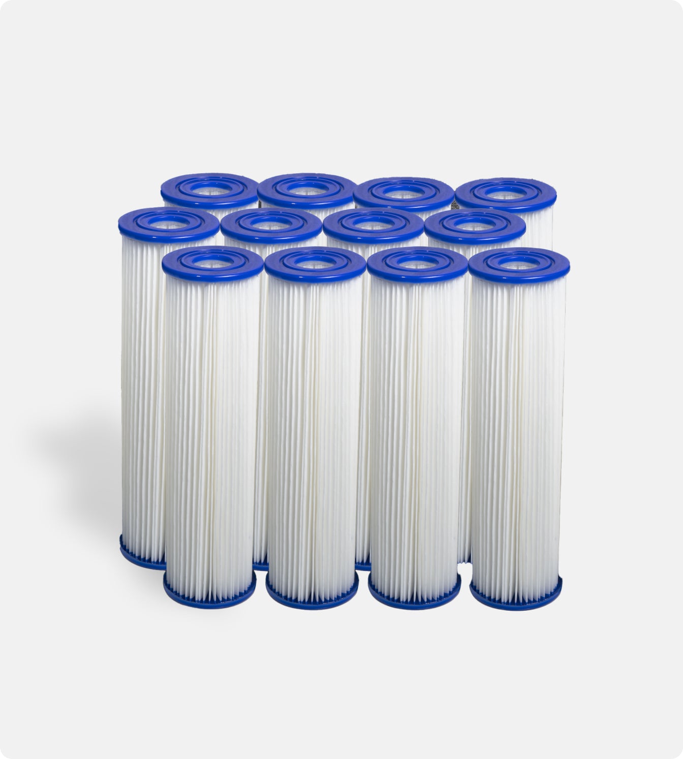 A set of twelve Filter Replacement for Residential Pro Systems cartridges, featuring blue end caps and white pleated surfaces, are grouped on a light gray background—designed for optimal cold plunge system performance.