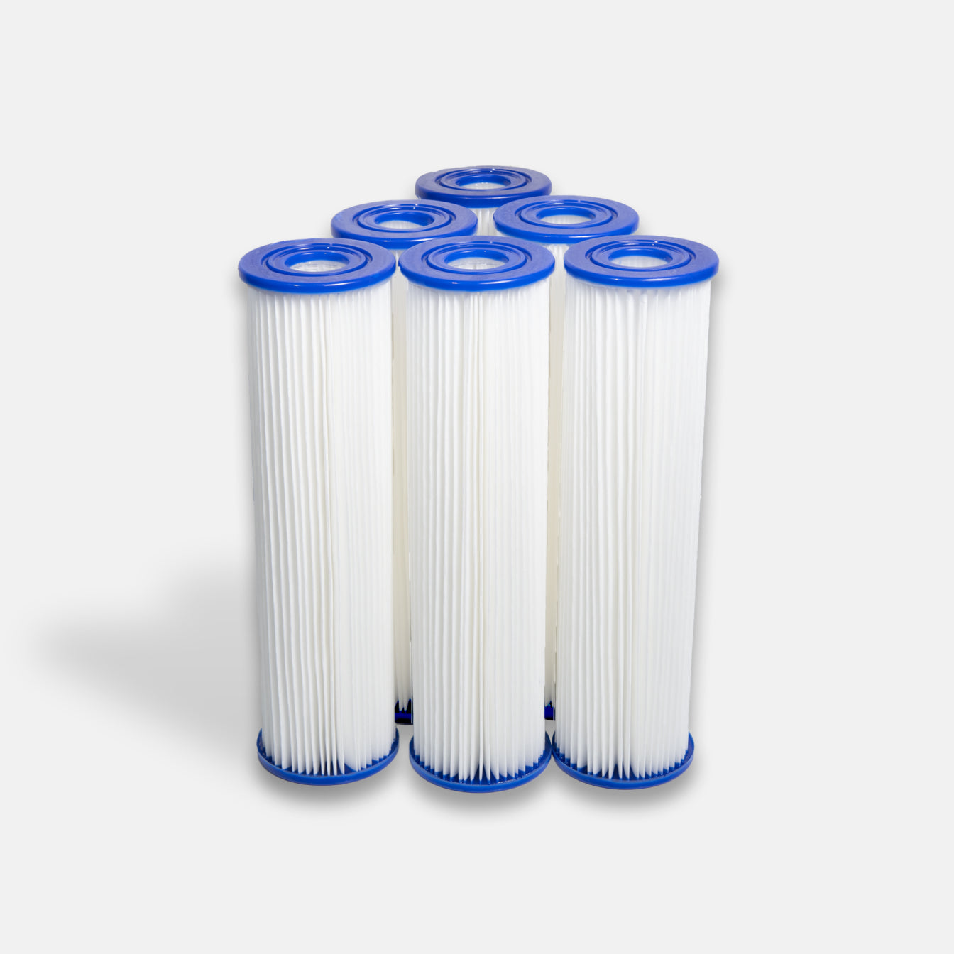 Six Filter Replacement for Residential Pro Systems cartridges with blue end caps and white pleated bodies stand upright on a light gray background—perfect for maintaining pro-level cooling in cold plunge systems.