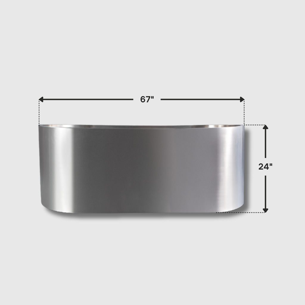 The Cyber Plunge Commercial Cold Plunge, crafted from shiny curved 316 stainless steel, is displayed against a light gray background with arrows showing its dimensions: 67 inches long and 24 inches high.
