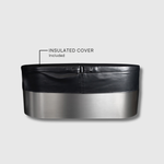 The Cyber Plunge Cold Plunge features a round 316 marine-grade stainless steel tub with a black insulated cover (labeled "INSULATED COVER Included") against a plain light gray background for a distinctive look.