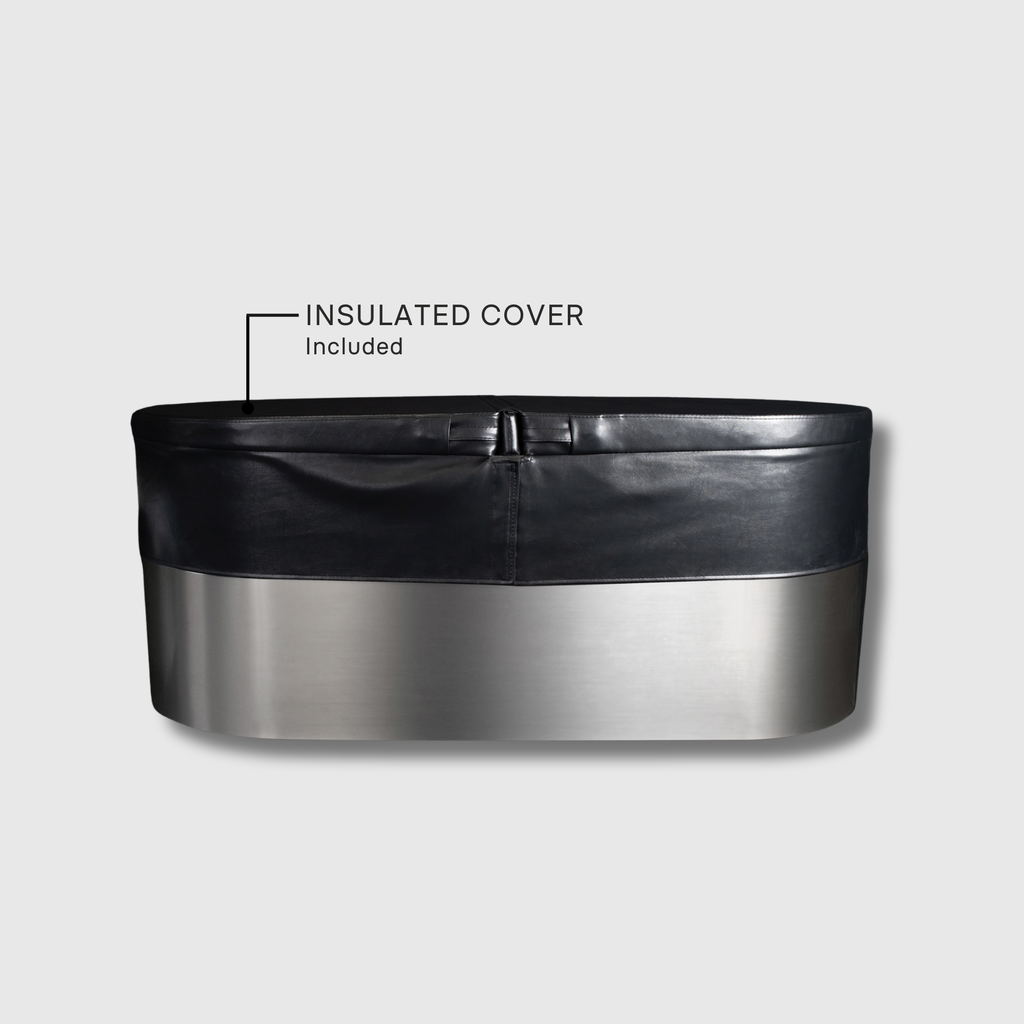 The Cyber Plunge Cold Plunge features a round 316 marine-grade stainless steel tub with a black insulated cover (labeled "INSULATED COVER Included") against a plain light gray background for a distinctive look.