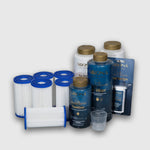 The 6 Month Care Kit includes Sirona-branded filter cartridges, chlorine-free sanitizer, test strips, and a measuring cup for convenient pool or spa maintenance.