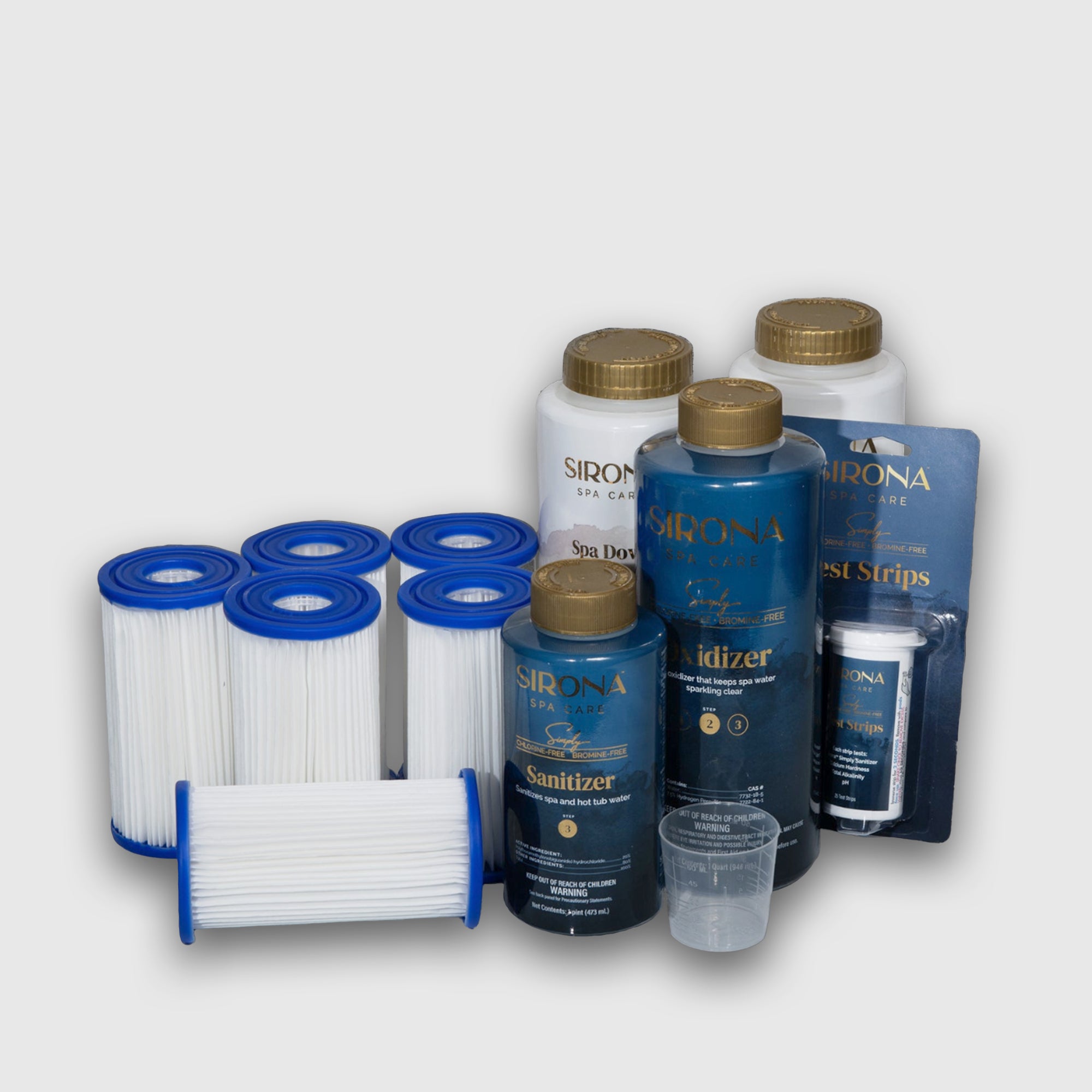 The 6 Month Care Kit includes Sirona-branded filter cartridges, chlorine-free sanitizer, test strips, and a measuring cup for convenient pool or spa maintenance.