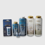 The Sirona Spa Care 6 Month Sanitation Kit, featuring test strips, sanitizer, oxidizer, Spa Up, and Spa Down bottles, is displayed side by side with a small measuring cup in front on a plain background.