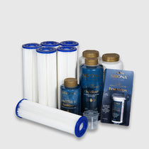 The 6 Month Care Kit includes cold plunge filters, two Oxidizer bottles, a chlorine-free sanitizer, a small container, and packaged test strips—everything you need for easy pool or spa maintenance.