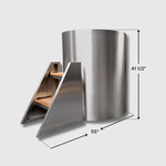 The Cyber Barrel Cold Plunge, made from marine-grade stainless steel, stands 41.5" tall and includes a 55" long wooden-stepped metal staircase. Both are set against a plain light gray background.