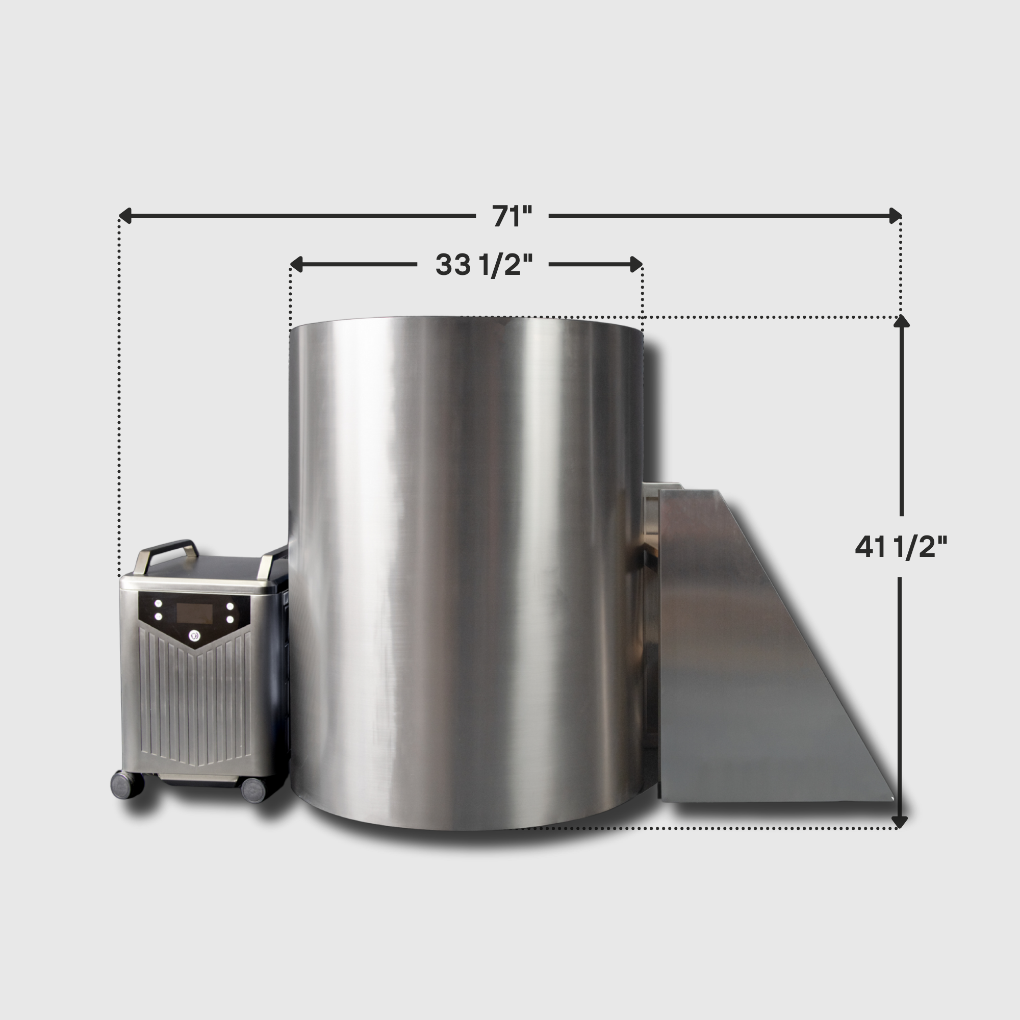 The Cyber Barrel Cold Plunge is a large, cylindrical vertical cold plunge made of marine-grade stainless steel with an attached ramp and wheeled control unit. Dimensions: 71" wide, 33.5" diameter, and 41.5" tall.