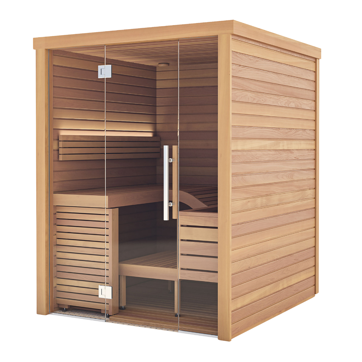 The Baia Glass Sauna is a square indoor cabin featuring a glass front door and internal bench seating.