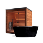 The Sauna + Brainpod 2.0 Bundle features a wooden home sauna with a glass door and interior heater, paired with a black soaking tub for cold immersion in the foreground.