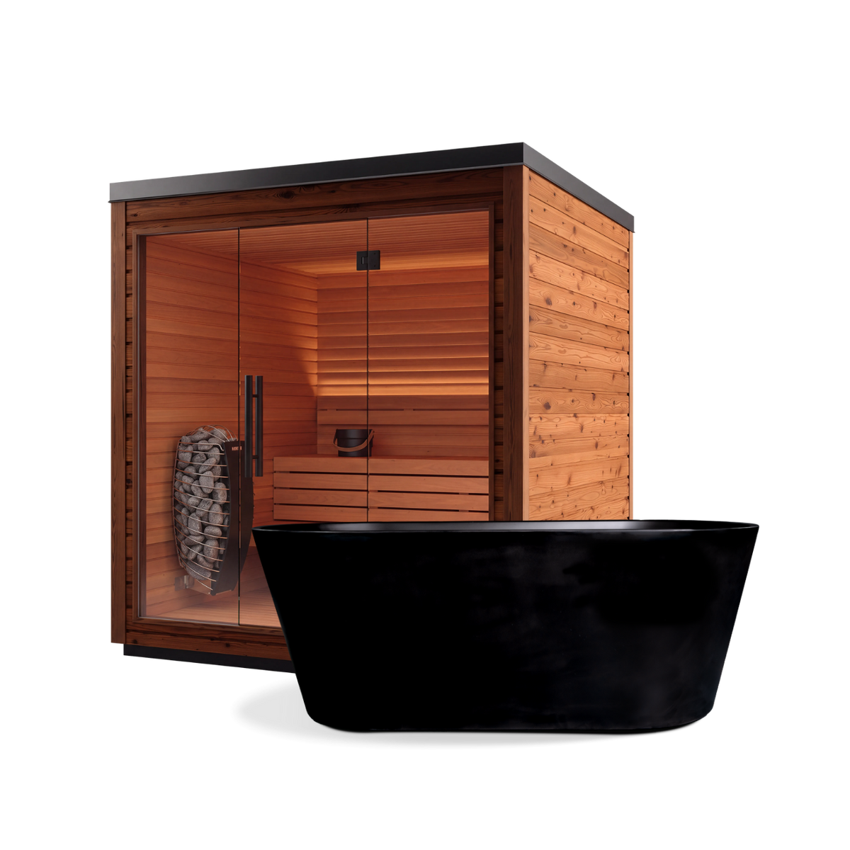 The Sauna + Brainpod 2.0 Bundle features a wooden home sauna with a glass door and interior heater, paired with a black soaking tub for cold immersion in the foreground.