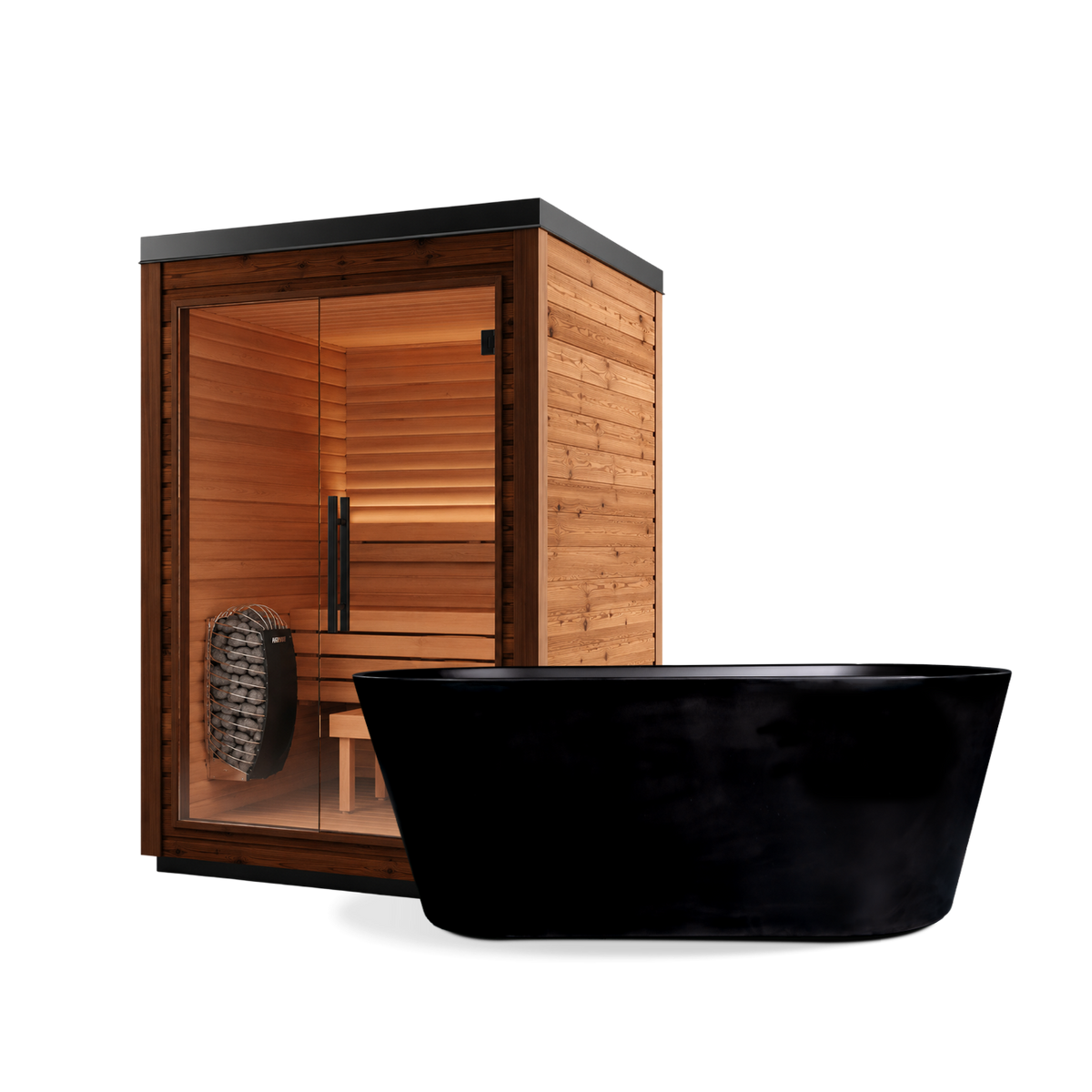 A Sauna + Brainpod 2.0 Bundle featuring a wooden home sauna with a glass door and internal heater positioned behind a black freestanding cold immersion bathtub.