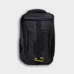 The Vault Backpack is a black everyday backpack with "polar monkeys" in dark vertical letters, a yellow carabiner on the front strap, shown against a light gray background.