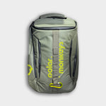 The Vault Backpack is a gray ergonomic bag with yellow polar. monkeys text and logo, multiple zippered compartments, a top handle, and a front strap featuring a yellow carabiner.