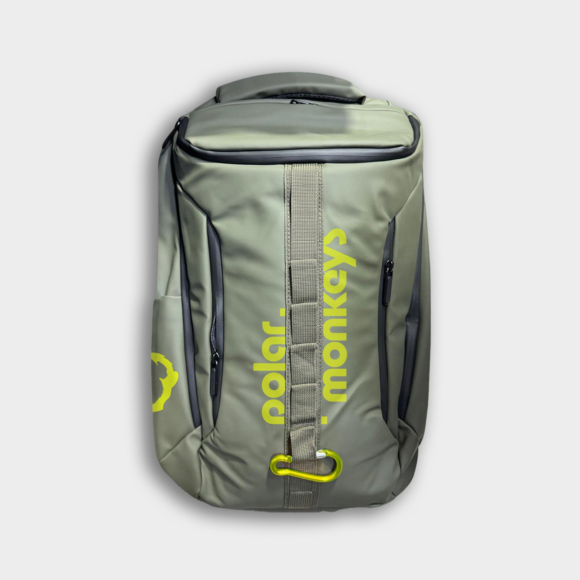 The Vault Backpack is a gray ergonomic bag with yellow polar. monkeys text and logo, multiple zippered compartments, a top handle, and a front strap featuring a yellow carabiner.
