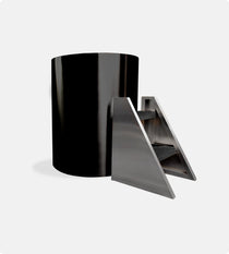 The Cyber Barrel Commercial Cold Plunge, a sleek black cylindrical unit, is displayed beside a modern stainless steel triangular staircase with three carpeted steps, all set against a plain white background.