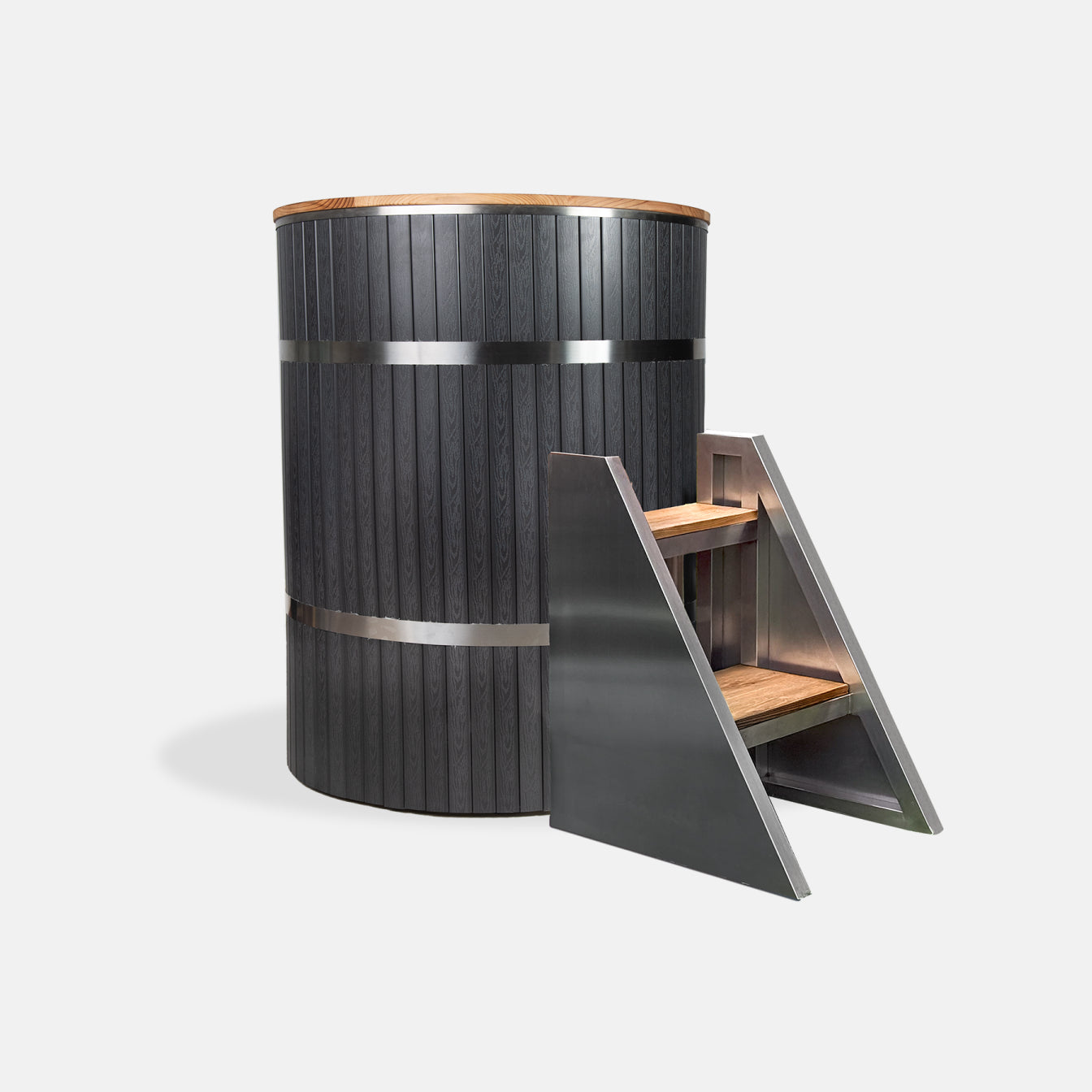 The Star Treatment 2.0 Commercial Cold Plunge is a tall, round black tub with stainless steel bands and wood accents, plus a matching two-step wood and metal staircase for easy access—ideal for cold therapy sessions. Shown on a plain white background.