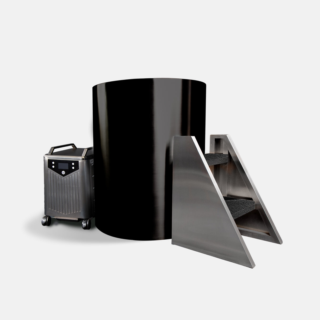 The Cyber Barrel Cold Plunge, a large black vertical cylindrical tank, stands beside a metal control box with a handle and control panel and metal stairs with black steps, all set against a plain white background.