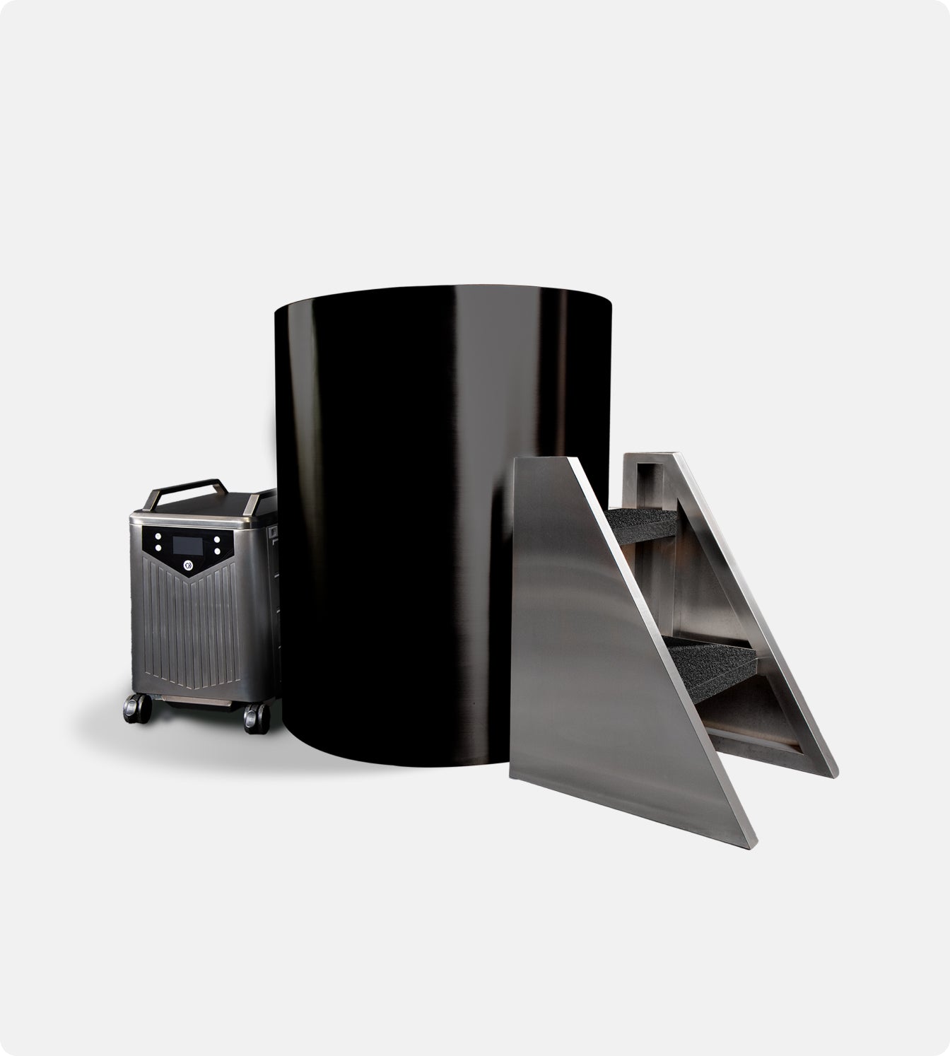 The Cyber Barrel Cold Plunge, a large black vertical cylindrical tank, stands beside a metal control box with a handle and control panel and metal stairs with black steps, all set against a plain white background.