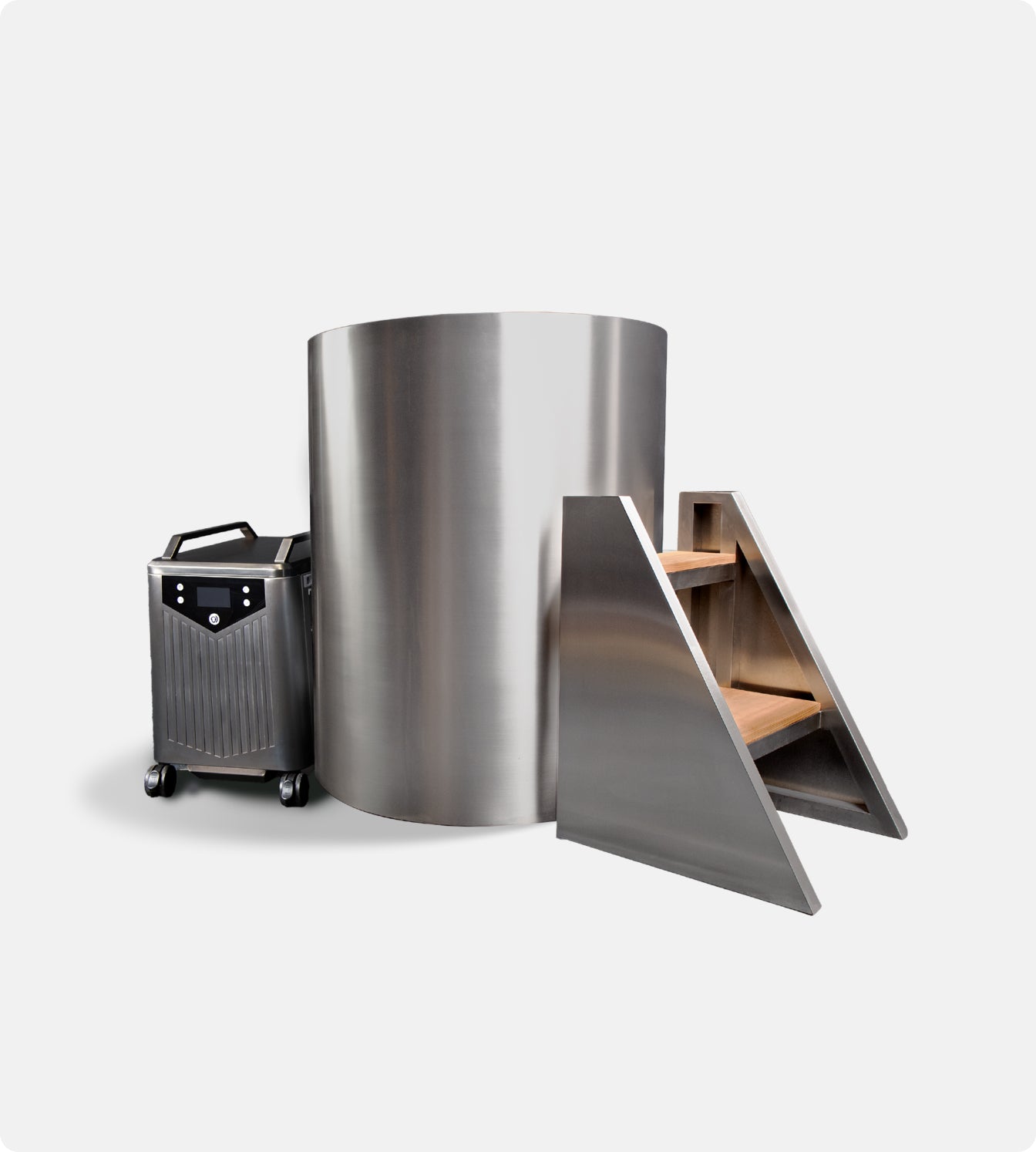 The Cyber Barrel Cold Plunge is a large, cylindrical marine-grade stainless steel chamber with wooden steps and a portable electronic control unit on wheels, designed as a vertical cold plunge, shown against a plain white background.