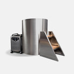 The Cyber Barrel Cold Plunge is a large, cylindrical marine-grade stainless steel chamber with wooden steps and a portable electronic control unit on wheels, designed as a vertical cold plunge, shown against a plain white background.