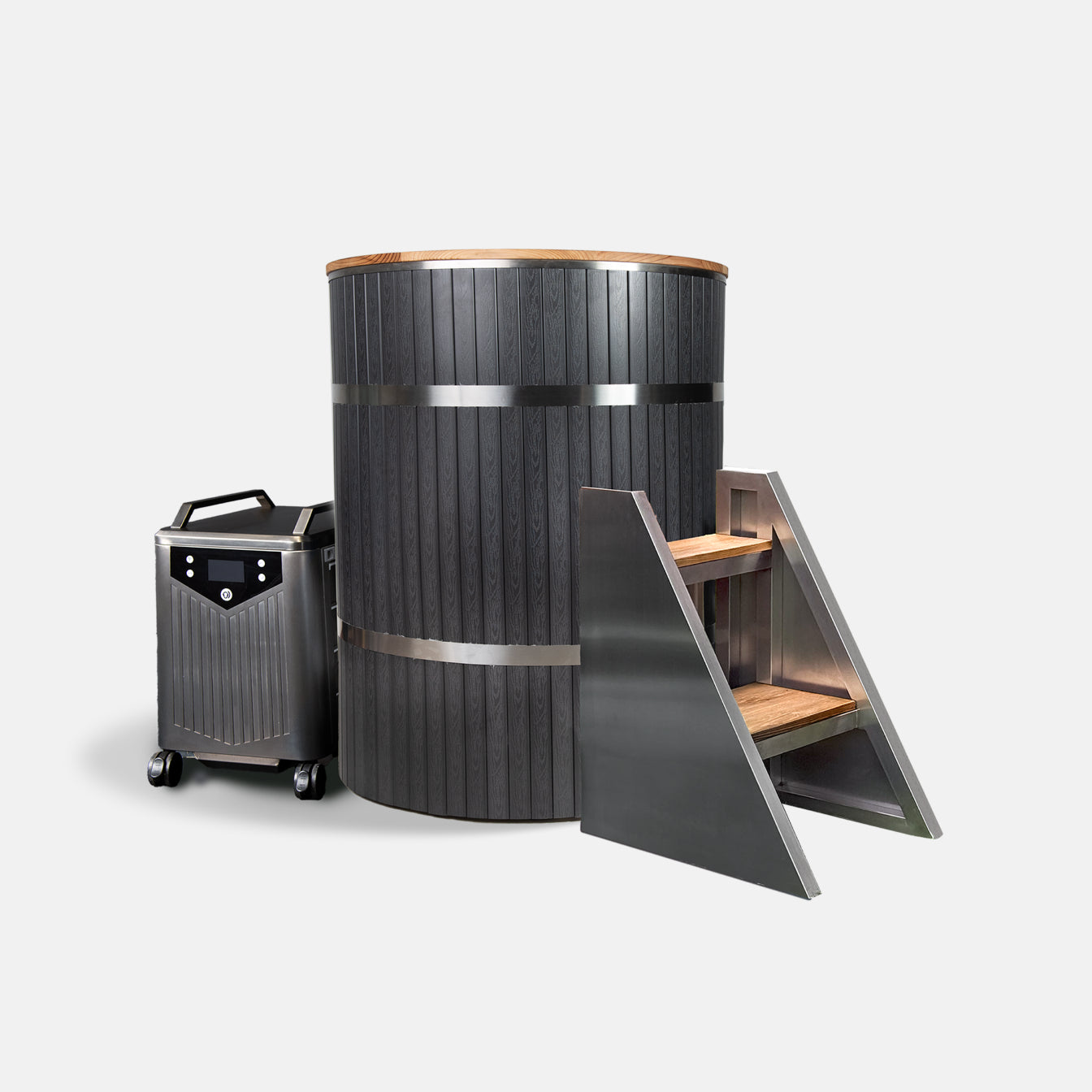 The Star Treatment 2.0 Cold Plunge is a modern cylindrical tub with an integrated seat, dark paneling, metal and wood steps, and a sleek portable chiller on wheels—all thoughtfully designed to fit compact spaces against a plain white background.
