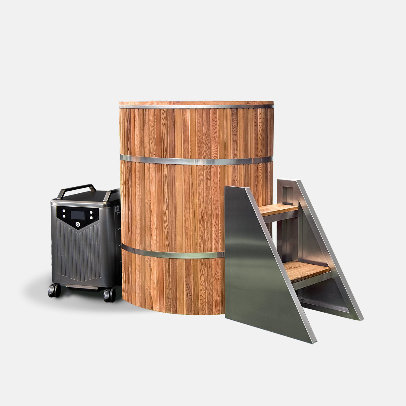 The Star Treatment 2.0 Cold Plunge is a cylindrical wooden tub with metal bands, an integrated seat, black wheeled control unit, and metal stairs—set on a plain white background, making it ideal for compact spaces.