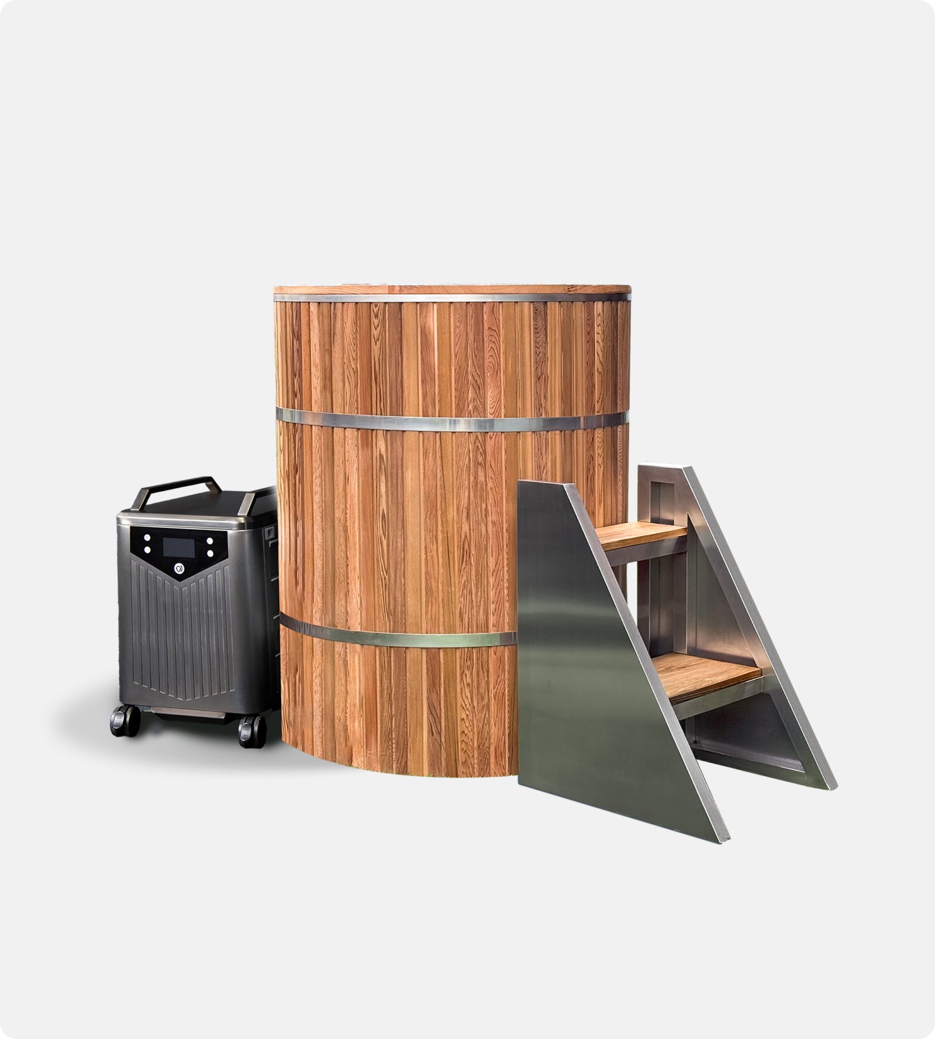 The Star Treatment 2.0 Cold Plunge is a cylindrical wooden tub with metal bands, an integrated seat, black wheeled control unit, and metal stairs—set on a plain white background, making it ideal for compact spaces.