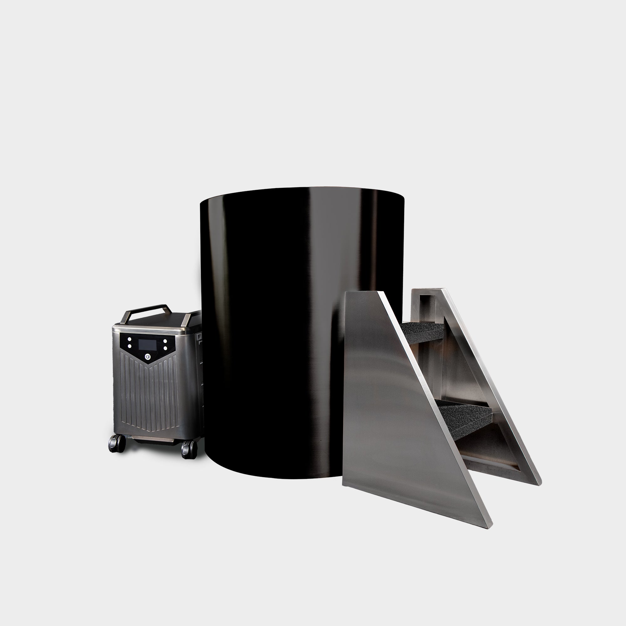 The Cyber Barrel Cold Plunge is a glossy black vertical pod with a marine-grade stainless steel stair ramp and a silver, wheeled electronic unit, all set against a plain white background.