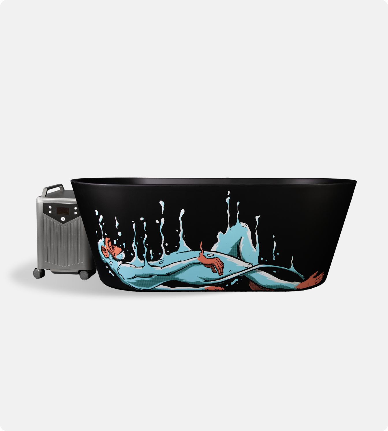 The Brainpod 2.0 Cold Plunge is a freestanding black tub with an artistic design of a blue-skinned, red-haired reclining woman and water splashes; a silver portable speaker sits to the left of the tub.
