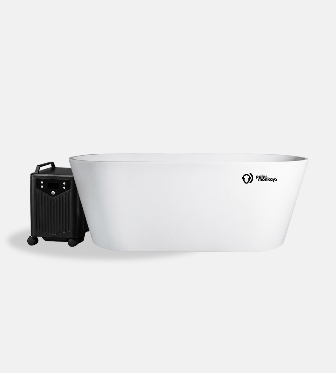 A white freestanding ONE by Polar Monkeys bathtub with a black portable cooling chiller attached on the left side, both set against a plain white background. The tub displays the Polar Recovery logo on the right side, evoking the iconic cold plunge setups from brands like Polar Monkeys.