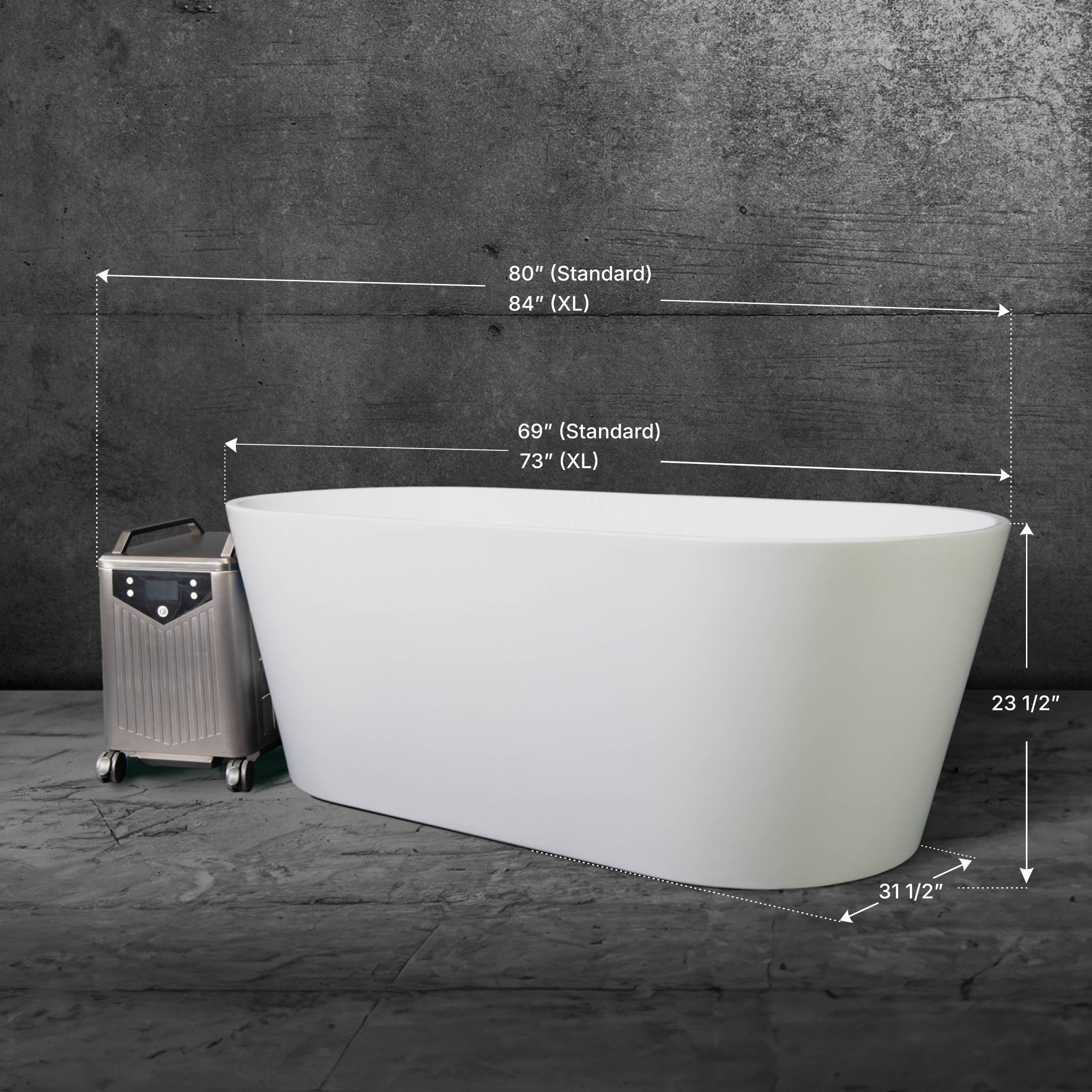 The Brainpod 2.0, a modern white freestanding bathtub with ergonomic design (69 or 73 long, 23.5 high, 31.5 wide), sits on a stone floor, with a small metallic machine placed next to it on the left.