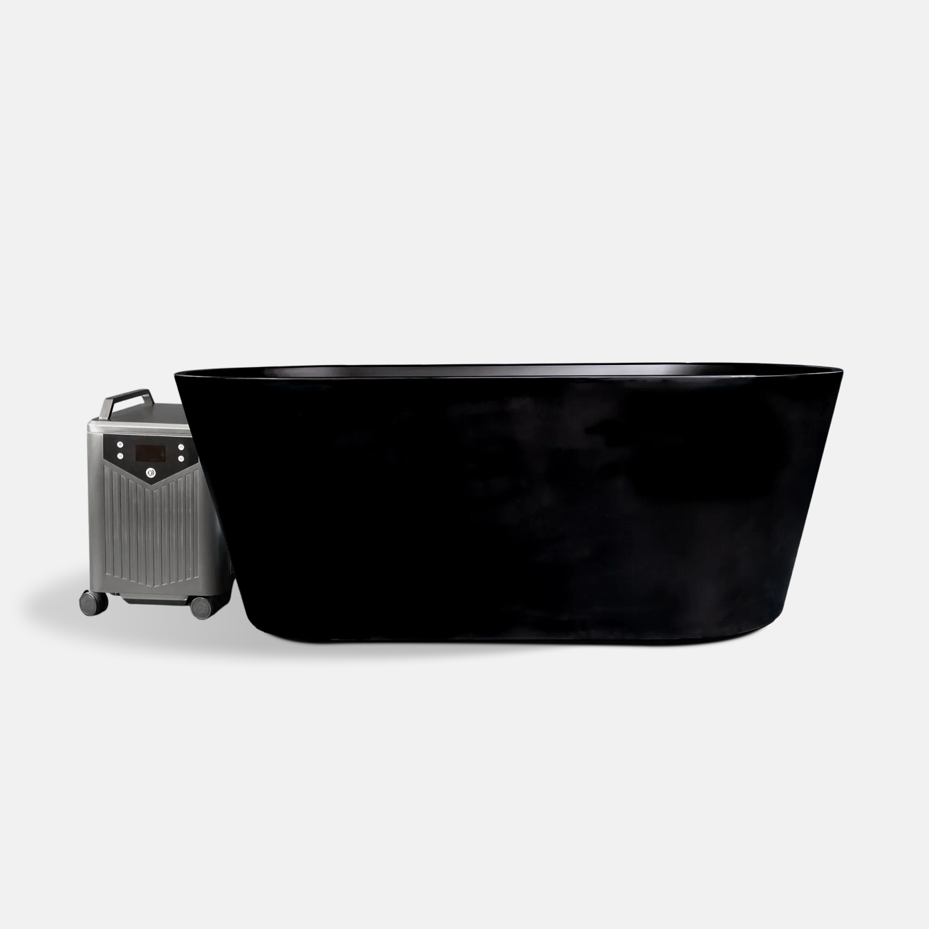 The Brainpod 2.0 Cold Plunge, a sleek modern black acrylic bathtub, is displayed beside a wheeled silver suitcase, both set against a plain light gray background.