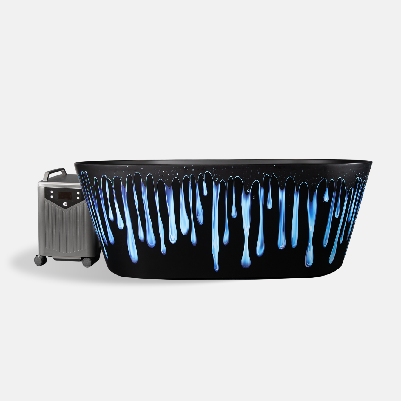 The Brainpod 2.0 Cold Plunge, a black artist-designed bathtub with blue and white paint drips, stands beside a gray portable device with control buttons and wheels on a plain white background.